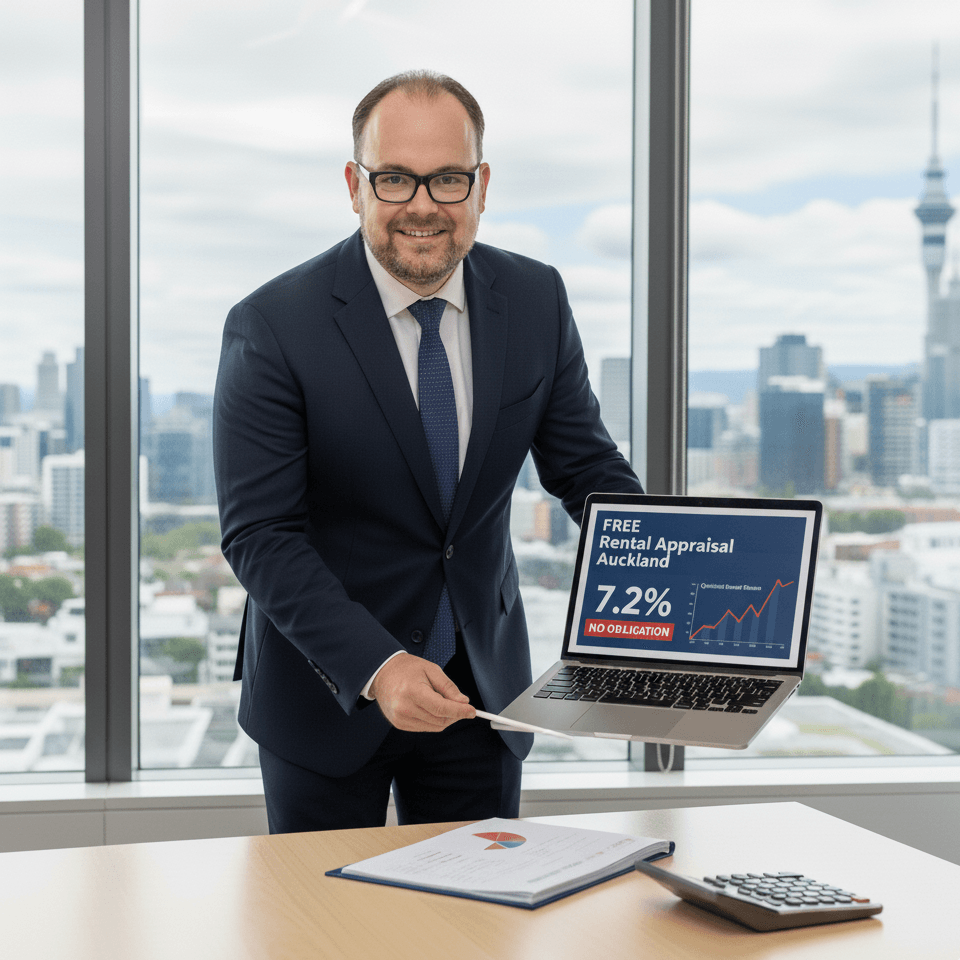 Professional property manager presenting FREE rental appraisal report for Auckland investment properties with 7.2% rental yield data and Auckland skyline view