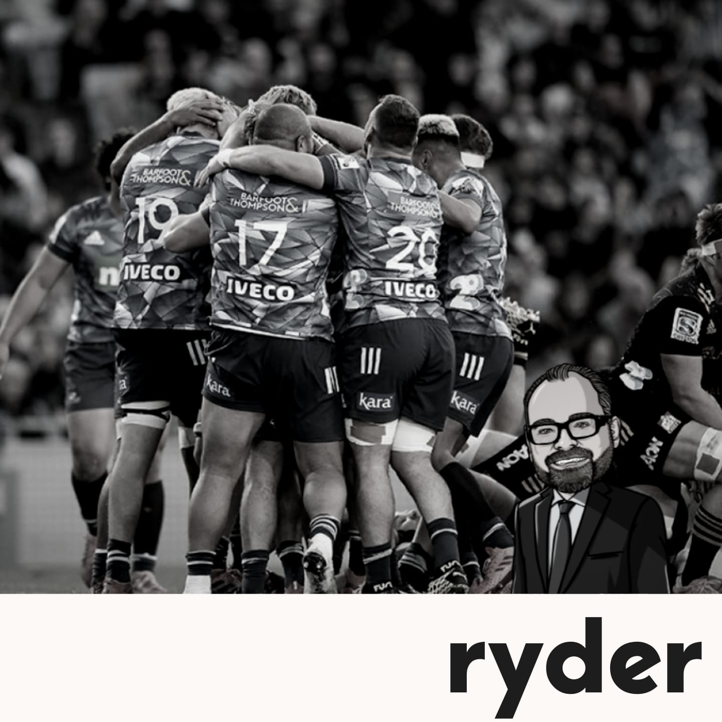 Blues Super Rugby players celebrating on the field wearing jerseys with Barfoot and Thompson branding as principal sponsor